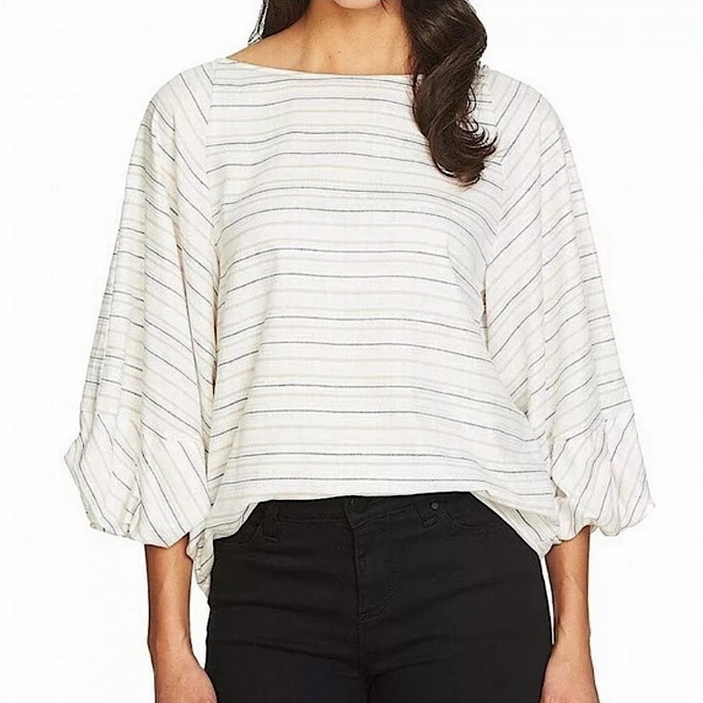 1. State Women’s Bishop Sleeve Metallic Stripe Blouse Tan White Grey Size Small